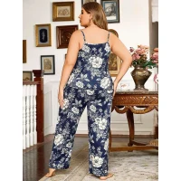 Arias Closet Büyük Beden Çiçek Desenli İnce Askılı Lacivert 2li Takım