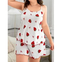 Arias Closet Büyük Beden Çilek Desen Pamuklu Şortlu Pijama Takımı