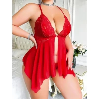 Arias Closet Büyük Beden Dantel İşlemeli Fırfırlı Dekolteli Fantezi Tül Kırmızı Gecelik