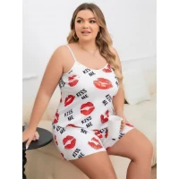 Arias Closet Büyük Beden Kiss Me Öpücük Desen Pamuklu Şortlu Pijama Takımı