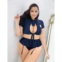 Arias Closet Büyük Beden Lacivert Göğüs Detay Büstiyerli Kravatlı Mini Etekli Fantezi Polis Kostümü