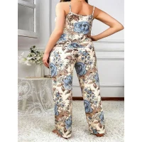 Arias Closet Büyük Beden Mavi Çiçek Desenli İnce Askılı 2li Saten Pijama