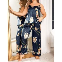 Arias Closet Büyük Beden Mavi Üstüne Çiçek Desenli İnce Askılı 2li Saten Pijama Takımı