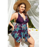 Arias Closet Büyük Beden Mor Üstüne Çiçek Desenli Boyundan Bağlamalı Elbise