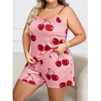 Arias Closet Büyük Beden Pembe Kiraz Desen İnce Askılı Pamuklu Şortlu Pijama Takımı