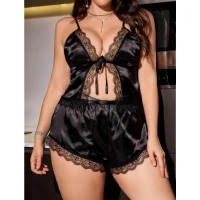 Arias Closet Büyük Beden Siyah Dantel İşlemeli Saten Şortlu Takım