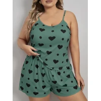 Arias Closet Büyük Beden Yeşil Kalp Desen Pamuklu Şortlu Pijama Takımı