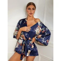 Arias Closet Çiçek Desenli Mavi Mini Saten Gecelik Sabahlık