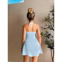 Arias Closet Dantel İşlemeli Boyundan Bağlamalı Mavi Saten Gecelik