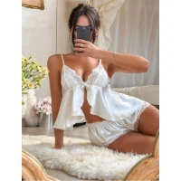 Arias Closet Dantel İşlemeli İnce Askılı Beyaz Saten Şortlu Takım