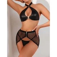 Arias Closet Deri Siyah Fileli Fantezi Sütyen Takımı