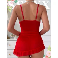 Arias Closet Fırfırlı Dantel İşlemeli Tül Fantezi Kırmızı Gecelik