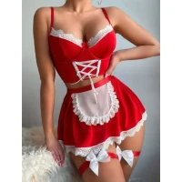Arias Closet Kırmızı Beyaz Bacak Aksesuarlı Büstiyerli Fantezi Hizmetçi Kostümü