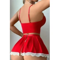 Arias Closet Kırmızı Beyaz Bacak Aksesuarlı Büstiyerli Fantezi Hizmetçi Kostümü