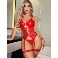 Arias Closet Kırmızı Dantel İşlemeli Büstiyerli Fantezi Deri Jartiyer Takımı