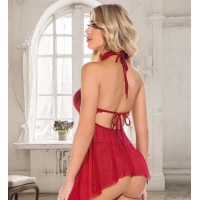 Arias Closet Kırmızı Dantel İşlemeli Fantezi Tül Gecelik Takımı