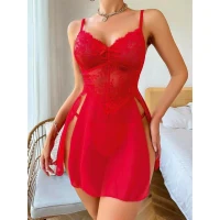 Arias Closet Kırmızı Dantel İşlemeli Fiyonk Detaylı Yanları Dekolteli Fantezi Gecelik