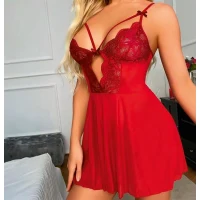 Arias Closet Kırmızı Dantel İşlemeli Göğüs İp Detaylı Fantezi Tül Gecelik Takımı