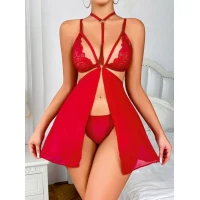 Arias Closet Kırmızı Dantel İşlemeli İp Detaylı Dekolteli Fantezi Tül Gecelik