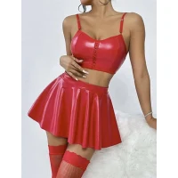 Arias Closet Kırmızı Etekli Fantezi Deri Şık Elbise