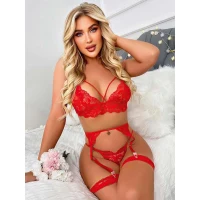 Arias Closet Kırmızı Göğüs İp Detaylı Dantel İşlemeli Fantezi Jartiyer Takımı