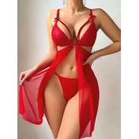 Arias Closet Kırmızı Göğüs İp Detaylı Dantel İşlemeli Tül Gecelik