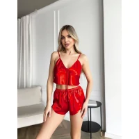 Arias Closet Kırmızı İnce Askılı Saten Şortlu Takım