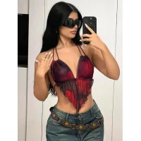 Arias Closet Kırmızı Siyah Desenli İnce Askılı Üçgen Kesim Crop