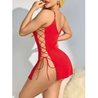 Arias Closet Kırmızı Yanları İp Detaylı Fantezi Gecelik