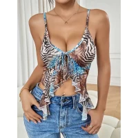 Arias Closet Leopar Desenli İnce Askılı Önden Bağlamalı Fırfır Detaylı Crop