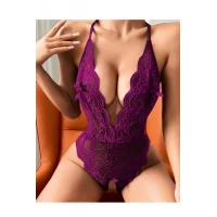 Arias Closet Mor Özel Bölgesi Açık Dantel İşlemeli Fantezi Body