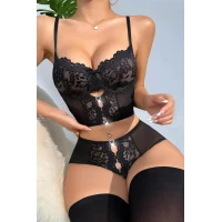 Arias Closet Özel Bölgesi Açık Siyah Dantelli Fantezi Büstiyer Takım