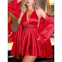 Arias Closet Özel Tasarım Boyundan Bağlamalı Göğüs Dekolteli Sabahlıklı 2li Kırmızı Saten Gecelik Takımı