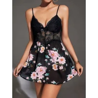 Arias Closet Özel Tasarım Çiçek Desenli Dantel İşlemeli Şık Göğüs Dekolteli Siyah Saten Gecelik