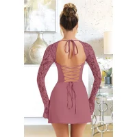 Arias Closet Özel Tasarım Dantel İşlemeli Şık Uzun Bolerolu Fuşya Fantezi Mini Club Elbisesi