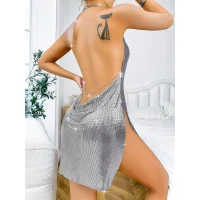 Arias Closet Özel Tasarım Gümüş Payetli Zincir Detaylı Parlak Işıltılı Sırt Dekolteli Fantezi Mini Club Elbisesi