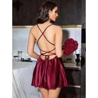 Arias Closet Özel Tasarım Sırt Dekolteli Sabahlıklı Saten Bordo 2li Gecelik Takımı