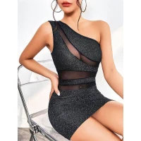 Arias Closet Özel Tasarım Siyah Tek Omuz Dekolteli Işıltılı Fantezi Mini Club Elbisesi