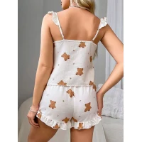 Arias Closet Pamuklu Ayıcık Desen Fırfırlı Askılı Şortlu Pijama Takımı