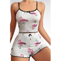 Arias Closet Pamuklu Beyaz Üstüne Pelikan Desen Fitilli Askılı Şortlu Pijama Takımı