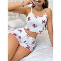 Arias Closet Pamuklu Beyaz Üstüne Pembe Kurdela Desenli Fitilli Askılı Şortlu Pijama Takımı