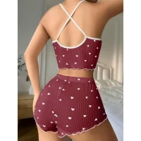 Arias Closet Pamuklu Kahverengi Üstüne Beyaz Kalp Desen Fitilli Askılı Şortlu Pijama Takımı