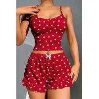 Arias Closet Pamuklu Kırmızı Üstüne Beyaz Kalp Desen Fitilli Askılı Şortlu Pijama Takımı