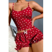Arias Closet Pamuklu Kırmızı Üstüne Beyaz Kalp Desen Fitilli Askılı Şortlu Pijama Takımı