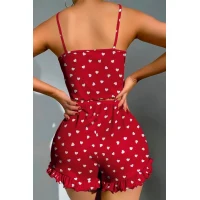 Arias Closet Pamuklu Kırmızı Üstüne Beyaz Kalp Desen Fitilli Askılı Şortlu Pijama Takımı