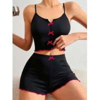 Arias Closet Pamuklu Siyah Üstüne Pembe Kurdelalı Fitilli Askılı Şortlu Pijama Takımı