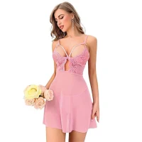 Arias Closet Pembe Dantel İşlemeli Göğüs İp Detaylı Fantezi Tül Gecelik Takımı