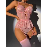 Arias Closet Pembe Dantel İşlemeli Kalp Desenli Fantezi Jartiyer Takımı