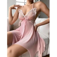 Arias Closet Pembe Kelebek İşlemeli Tül Fantezi Gecelik