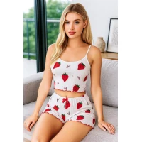 Arias Closet Penye Kumaş Çilek Desen Beyaz Şortlu Takım